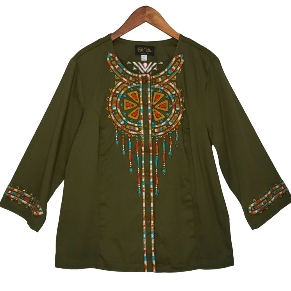 Bob Mackie Wearable Art Green Embroidered Santa Fe Shirt Jacket Shacket Size XL